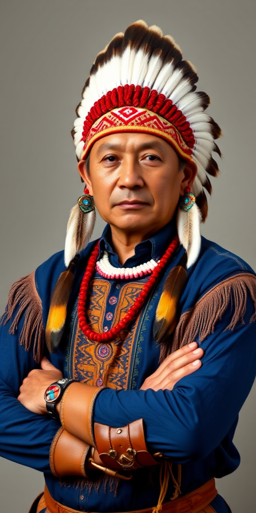 Create a dignified portrait of a Native American man dressed in traditional attire. He wears a beautifully crafted headdress adorned with white feathers and red beads, along with a beaded headband featuring intricate patterns. His clothing includes a deep blue, patterned shirt and a traditional chest piece with detailed beadwork. His arms are crossed, displaying leather armbands decorated with feathers. The background is simple and neutral, emphasizing his proud and stoic expression. The overall image captures the rich cultural heritage and strength of his persona.