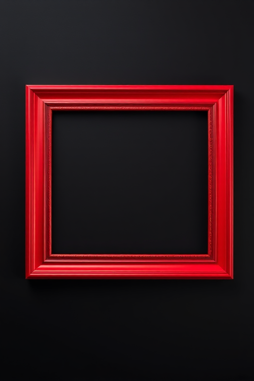 Create a high-resolution image of a simple red picture frame on a black background, using a DSLR camera with an aperture of f/2.8, ISO 100, 50mm lens, and a focus on the frame center for sharp details, aimed at a slight angle to showcase depth.