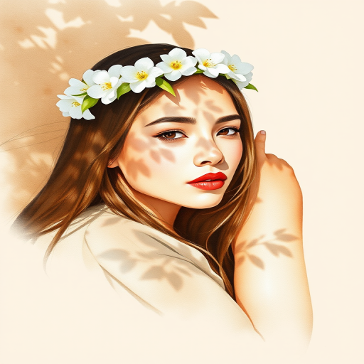 create a watercolor painting of an ethereal portrait of beautiful Guarani woman with a simple white flower crown on her head. Her hair is long and she is lying on the ground. The sunlight on the trees casts shadows from the leaves on her face and body. The background is a neutral brown color that matches her skin tone. The image is minimalist and solid colors. This style is characterized by soft, delicate brushstrokes and a light, airy, contrasting color palette. High level of detail and play of light