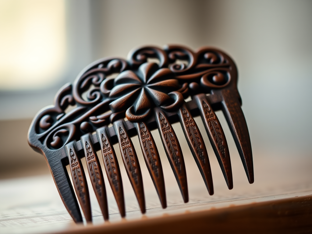 Generate a highly detailed close-up of a vintage wooden hair comb with intricate carvings, captured with a Canon EOS R5, 50mm f/1.2 lens, ISO 100, aperture f/2.8, in natural light, ensuring a soft bokeh background to enhance the texture and craftsmanship of the comb.