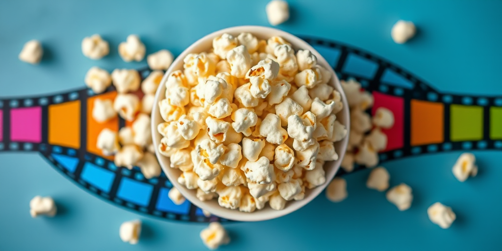Create an artistic composition featuring a bowl of popcorn with a colorful film reel design around it, using a DSLR camera with a 50mm lens, aperture f/2.8, ISO 100, shot from a top-down view to enhance detail and vibrancy.
