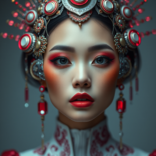Regenerate a portrait of a futuristic Asian woman with intricate headpiece and bold makeup, 85mm lens, f/1.8 aperture, ISO 100, shot from a slight low angle, using a Canon EOS R5 with cinematic style lighting.
