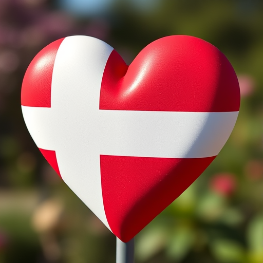Create a high-resolution image of a heart shape filled with the Danish flag, using a DSLR camera with a 50mm lens, aperture set to f/1.8 for a soft background blur, shot in natural light with a focus on vibrant colors and sharp details.