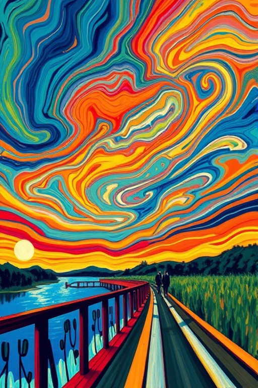 Regenerate an abstract, colorful reinterpretation of Edvard Munch's The Scream with vibrant swirling skies in bright hues, featuring a bridge with figures in the background, using a DSLR camera at f/2.8, ISO 100, 1/250 sec, with a wide-angle lens and a high dynamic range style for enhanced detail and saturation.