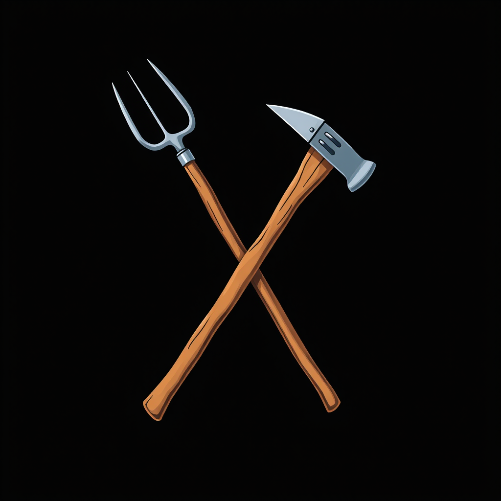 Create a high-resolution illustration of a crossed pitchfork and axe, with detailed shading and vibrant colors, using a DSLR camera with 50mm lens at f/1.8, ISO 100, natural lighting, and a clean, focused composition against a simple black background.
