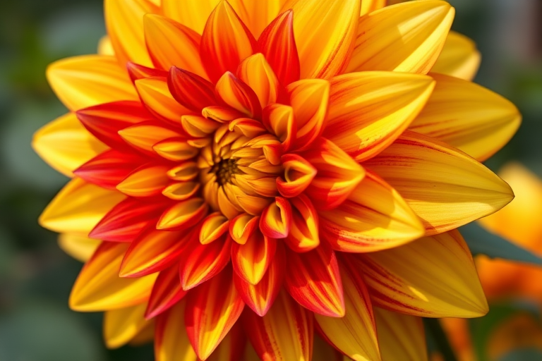 macro shot of a vibrant yellow and red dahlia flower, f-stop 2.8, ISO 100, shutter speed 1/200s, 50mm lens, natural light, taken with a DSLR camera