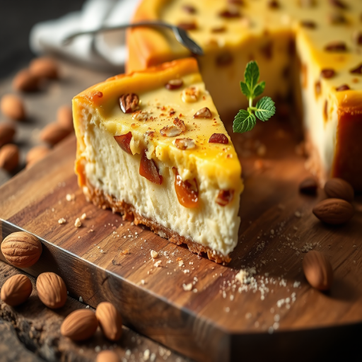 capture a close-up of a slice of savory cheesecake on a wooden board with almonds and seasoning scattered around, use a Nikon D850 camera with a 50mm lens at f/2.8, ISO 100, 1/200s, soft natural lighting from the side to enhance texture and colors