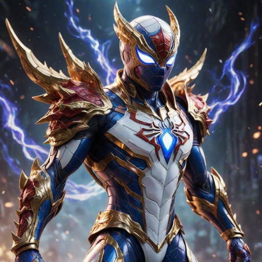 A high-budget, anime-style wallpaper featuring Spiderman in an epic White, blue red Kirin armor. Golden dragon gloves, the gloves is in the shape of dragon heads, Golden dragon head gloves, White glossy eyes, The armor is designed with metallic details that reflect light, showcasing intricate Kirin motifs. Spiderman's armor is a striking gradient of blue, red and white, with Colorful galaxy inner sections, making it look both powerful and sleek. The background is flat white, with Kirin-shaped blue-violet glowing rune relic to give the impression power, striking pose, the Kirin's armor is dominantly in white, with some details in blue and red, Cinematic anime action scene, cinematic action pose, medium shot action portrait, dramatic effect of shadow and light.