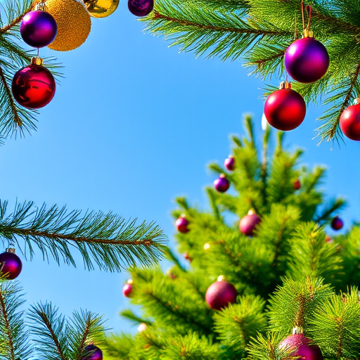 Generate an image of a lush green Christmas tree adorned with colorful ornaments. The tree should be set against a clear blue sky, with vibrant red, purple, and gold baubles hanging from its branches. The scene should convey a festive atmosphere, emphasizing the beauty of the tree and the decorations.