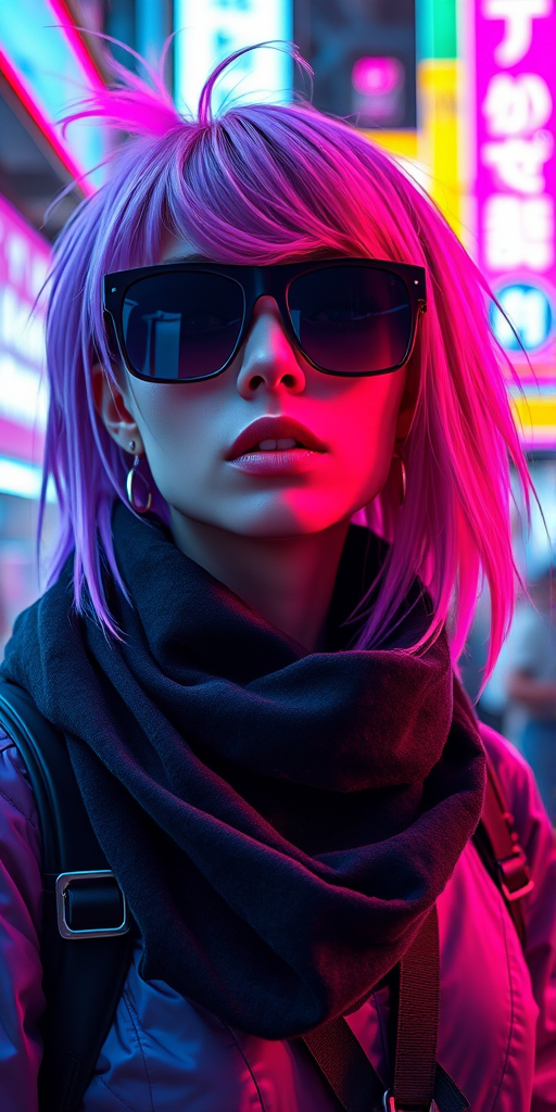 Create a high-resolution image of a futuristic cyberpunk character with purple and pink hair, wearing sunglasses and a dark scarf, set in a neon-lit urban environment, photographed with a Canon EOS R5, 85mm lens, f/1.8 aperture, ISO 100, and soft natural lighting for a sharp focus on details.