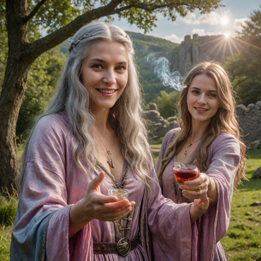 Create a super realistic photo portrait of the sorceress Nimue enthralling the old long haired and bearded magician Merlin with the scent of a magic perfume-potion. Merlin's senses are blurred and he has a happy smile on his face like that of a slightly drunken man. Nimue is standing opposite of Merlin facing him. She is holding out the potion with both hands towards Merlin's nose. A visual depiction of the pink scent soflty creeps into Merlin's nostrils. The picture is set in front of a typical British landscape with grass, a dry stone wall and old and big trees. Cloudy skies with sun-rays braking through giving the picture a soft and romantic tone. HDRI, 8k,V-Ray render