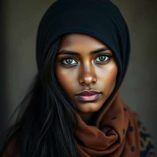 Create a portrait of a young Sri Lankan woman with long, dark hair and captivating hazel eyes. She is wearing a dark headscarf and a matching scarf draped gracefully around her neck. The background is softly blurred, focusing attention on her serene and natural expression. The overall color palette is muted and warm, enhancing the intimate and authentic feel of the portrait.