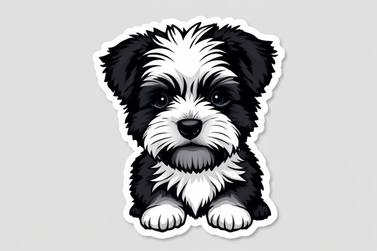 this image is sticker, 3D black and white pomapoo dog breed, grey background