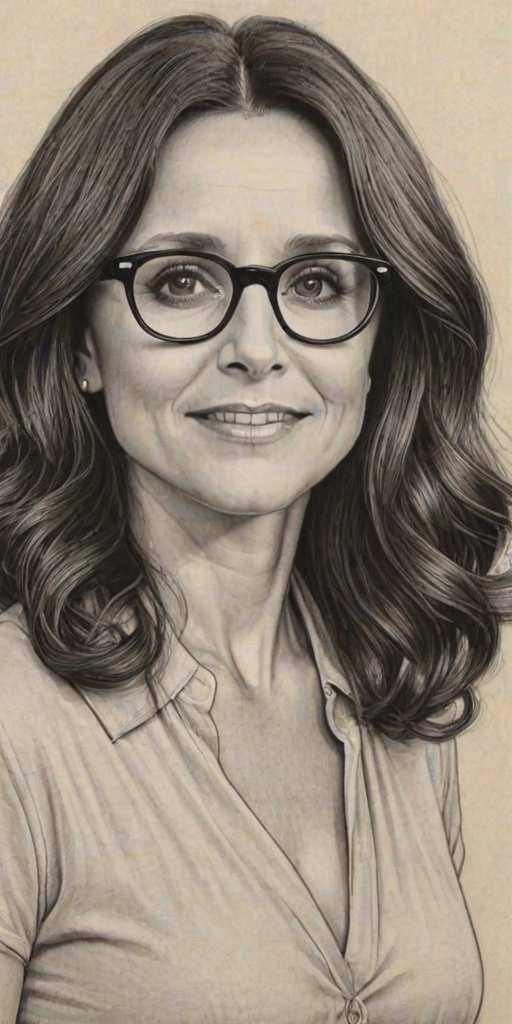 Enchanting Julia Louis-Dreyfus, pencil sketch, portrait of Superb woman 1924s in glasses, hair style beatnik, outline, clear lines, fine lines, 8k