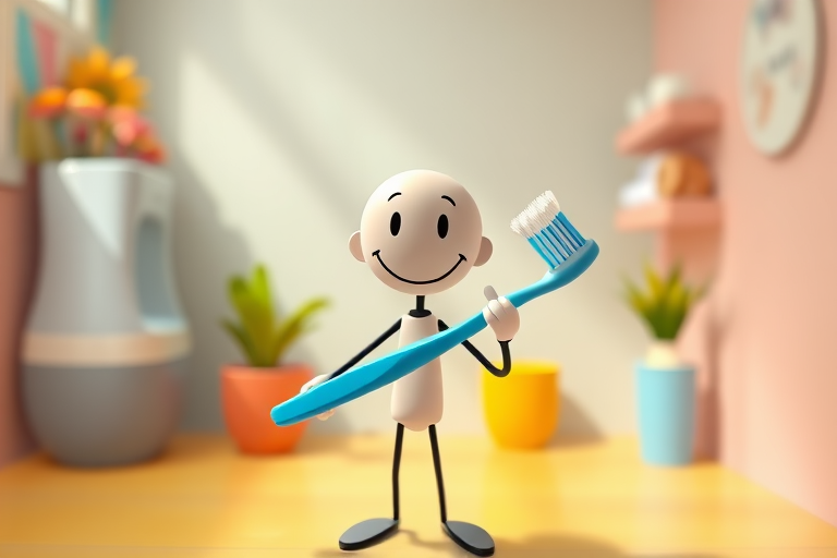 Create a high-resolution cartoon-style image of a stick figure holding a toothbrush, captured with a Canon EOS R5 at f/2.8, ISO 100, 50mm lens, in a bright and colorful environment, top-down camera view.