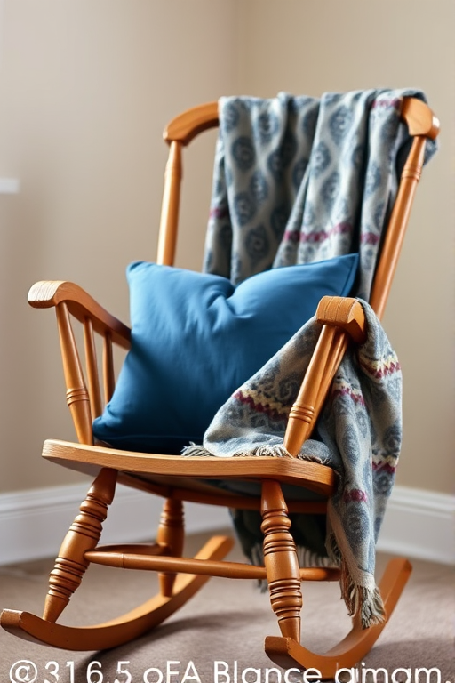 a cozy rocking chair with a blue cushion and patterned blanket draped over it, soft natural lighting, depth of field focus on the chair, camera settings: f/2.8 aperture, ISO 200, shutter speed 1/60s, shot with a DSLR camera, 50mm lens, indoor setting with a neutral background