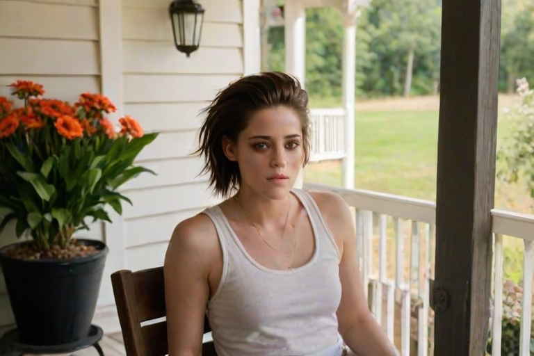 A photo of Kristen Stewart with a background of a cozy porch. She has dark hair pulled back in an updo, with tendrils framing her face. She wears a white tank top and sits on the porch. The porch is part of a well-lit home with a warm, earthy tone and colorful flowers and foliage. The overall scene has a warm, welcoming, and comfortable ambiance.