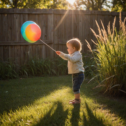 Warm, softly lit image of a toddler playing with a colorful balloon in a sunlit backyard, tall grass swaying in the breeze, with a distant wooden fence casting long shadows.