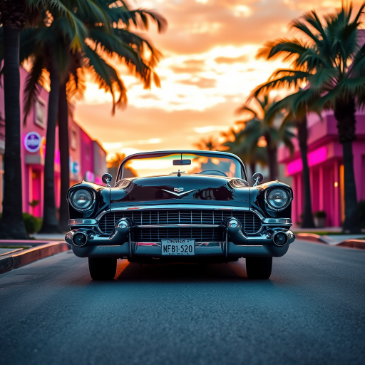 A vintage 1950s Cadillac parked on a palm-lined street with neon pink buildings and a sunset backdrop, captured in vibrant colors, shallow depth of field, using a full-frame DSLR camera at f/2.8, ISO 100, and a 35mm lens at golden hour for enhanced contrast and clarity.