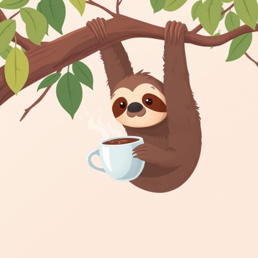 Create a cute illustration of a sloth hanging upside down from a tree branch, holding a cup of coffee with steam rising, soft pastel background, shot with a Canon EOS R5, F8 aperture, 50mm lens, natural light for a warm, inviting feel.