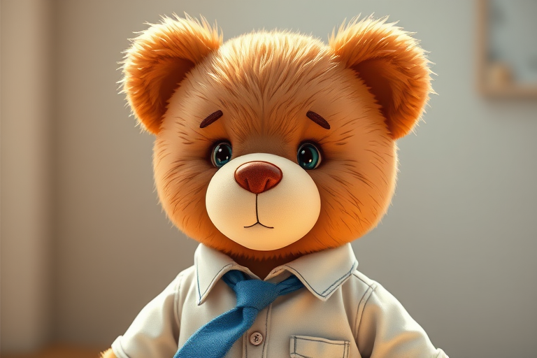 Create a high-resolution illustration of a cute teddy bear wearing a blue tie and a button-up shirt, capturing it with a Canon EOS 5D Mark IV using a 50mm f/1.8 lens at an aperture of f/2.8, in natural light for a soft, warm look, emphasizing detailed textures and colors.