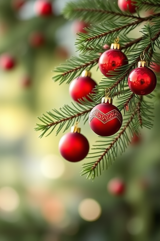 Generate a high-quality illustration of a pine branch adorned with red ornaments, using a Canon EOS 5D Mark IV camera, 50mm lens, f/2.8 aperture, ISO 100, natural light, focus on the branch with a soft bokeh effect in the background.
