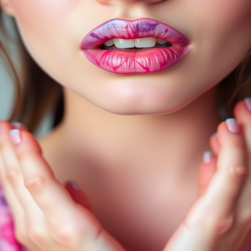 Watercolor-effect lips with soft, blended hues of pink, purple, and blue, creating a dreamy and artistic appearance for a whimsical makeup tutorial