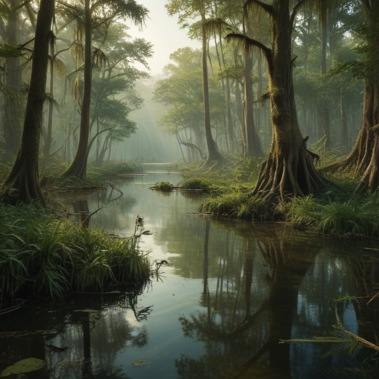 Serene Morning in a Misty Forest with Tranquil Waters and Lush Trees