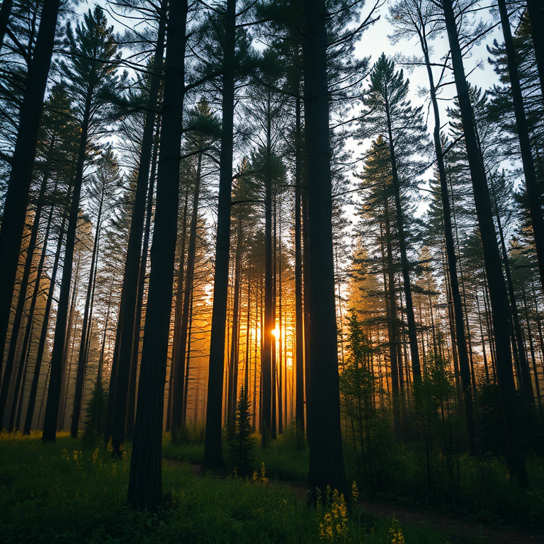 Generate a high-resolution image of a serene forest landscape during sunrise with soft golden light filtering through the trees, taken with a Canon EOS R5 at f/8, ISO 100, 1/125 sec, using a wide-angle lens from a low perspective to capture depth and detail.