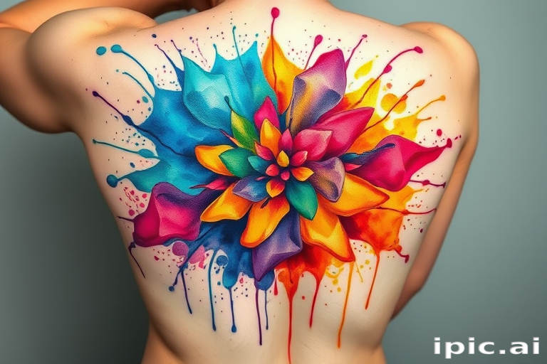 Watercolor splash tattoo, "Chromatic Explosion," depicting an abstract burst of vibrant colors blending and bleeding into each other, with splatters and drips extending outwards, creating a dynamic and energetic piece ideal for the back or side
