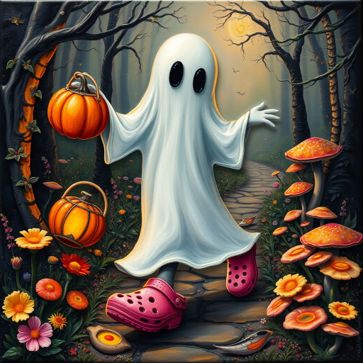 whimsical acrylic and oil painting, 3D, of a ghost, walking and carrying an orange pumpkin bucket and a lantern in the other hand, with bright pink croc shoes, background path in the enchanted forest, wildflowers, colorful mushrooms misty hues of black and orange with bright gold glitter, ultra detailed..Inspired by a prompt from another group