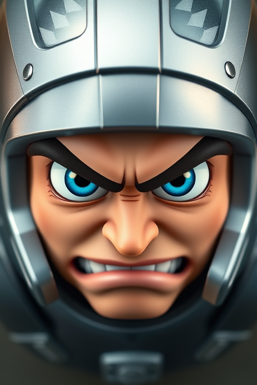 Create an image of an angry cartoon character with a silver helmet, sharp blue eyes, and a prominent jawline, using a DSLR camera with a 50mm lens, f/1.8 aperture, ISO 100, shot in RAW format, top-down view with soft lighting to enhance facial features and details.