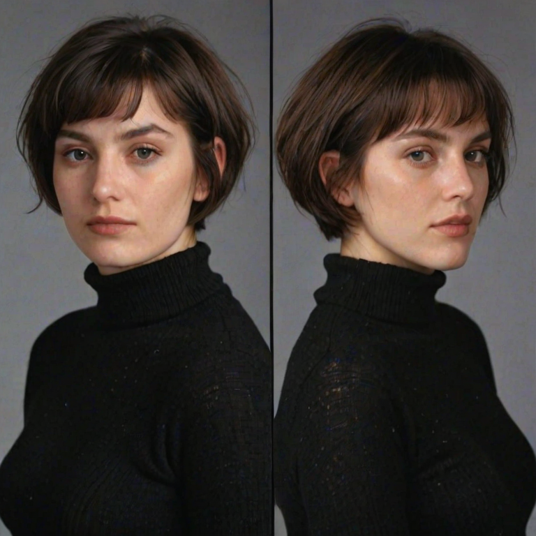 Contact sheet with 4 images of a woman with a messy short bob cut wearing a black turtleneck