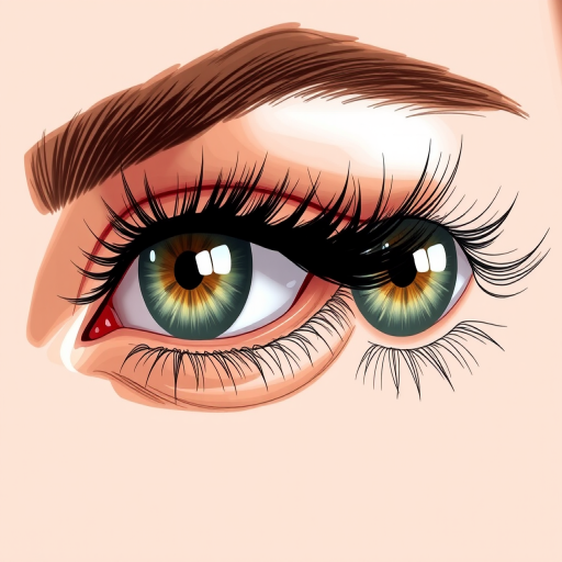 Create a highly detailed illustration of a pair of stylishly enhanced eyes with dramatic eyelashes, using a macro lens at f/2.8, 50mm focal length, and 1/100 sec shutter speed, captured in soft natural lighting to emphasize texture and contrast, displayed in a clean, minimalistic background for enhanced focus.