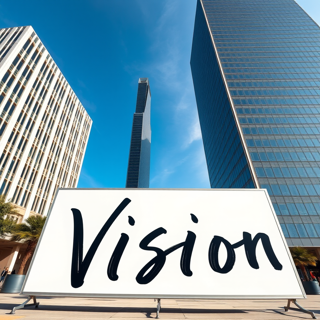 Create an image of a large outdoor whiteboard displaying the word "Vision" in bold black handwriting, framed by modern skyscrapers under a clear blue sky, using a DSLR camera with a 50mm lens, aperture set at f/2.8, ISO 100, and a low angle perspective for a dynamic composition.