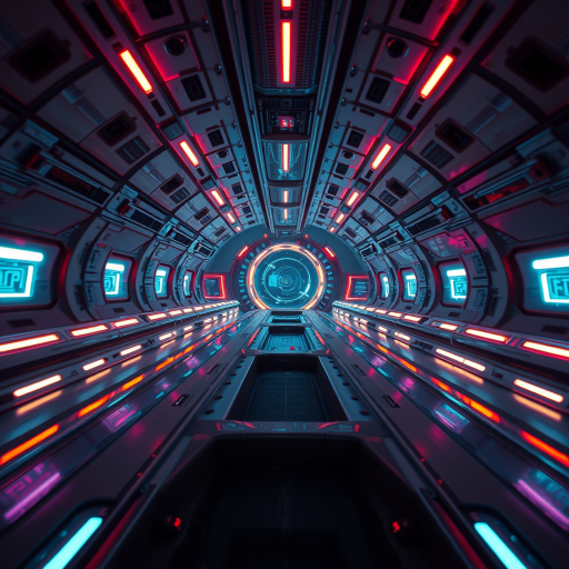 futuristic spaceship scene with neon lights, shot with a Canon EOS R5 at f/1.8, 1/100s, ISO 200, wide-angle view, cinematic style, high dynamic range.
