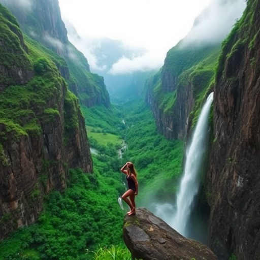 Lush green valley, surrounded by towering cliffs, with a woman standing at the edge of a waterfall, the mist rising around her as she takes in the view.