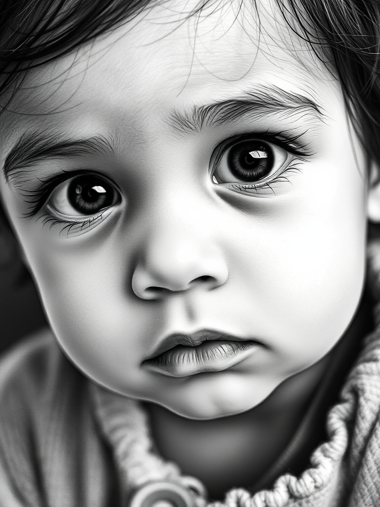 A hyperdetailed photorealistic black and white sketch of a beautiful toddler with deep black eyes, with a macro focus