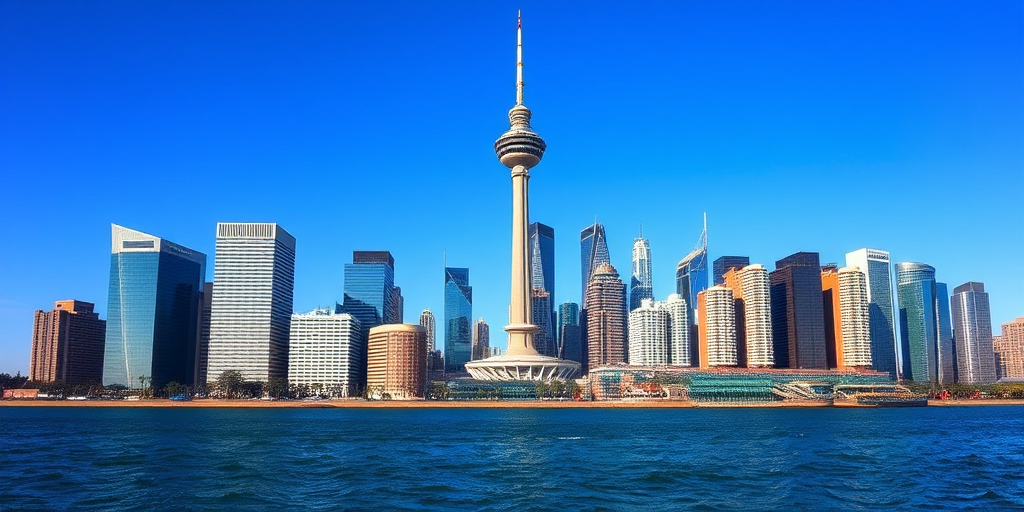 Create a high-resolution image of a city skyline with a clear blue sky, featuring modern skyscrapers and a prominent observation tower, shot with a Canon EOS R5 at f/8, ISO 100, 1/200 sec, using a wide-angle lens from a waterfront perspective to enhance the details and colors.
