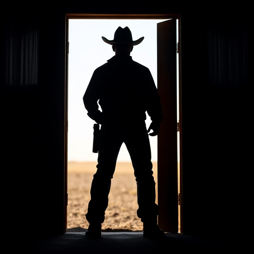 Create a high-contrast silhouette of a cowboy standing in a doorway, with strong backlighting to emphasize the outline, using a shallow depth of field, focal length of 50mm, aperture set to f/1.8, shot with a digital DSLR camera, and a slightly elevated angle to capture the scene effectively.