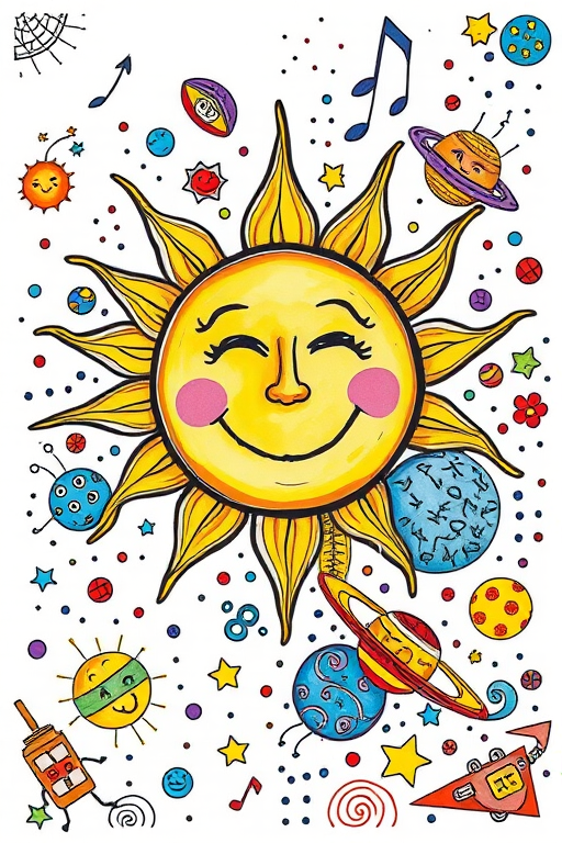 Create a colorful, detailed doodle art featuring a sun with a smiling face, whimsical characters, planets, and abstract patterns in a vibrant, playful style, taken with a Canon EOS R5, 24mm lens, f/4 aperture, ISO 100, in natural light to enhance image quality.