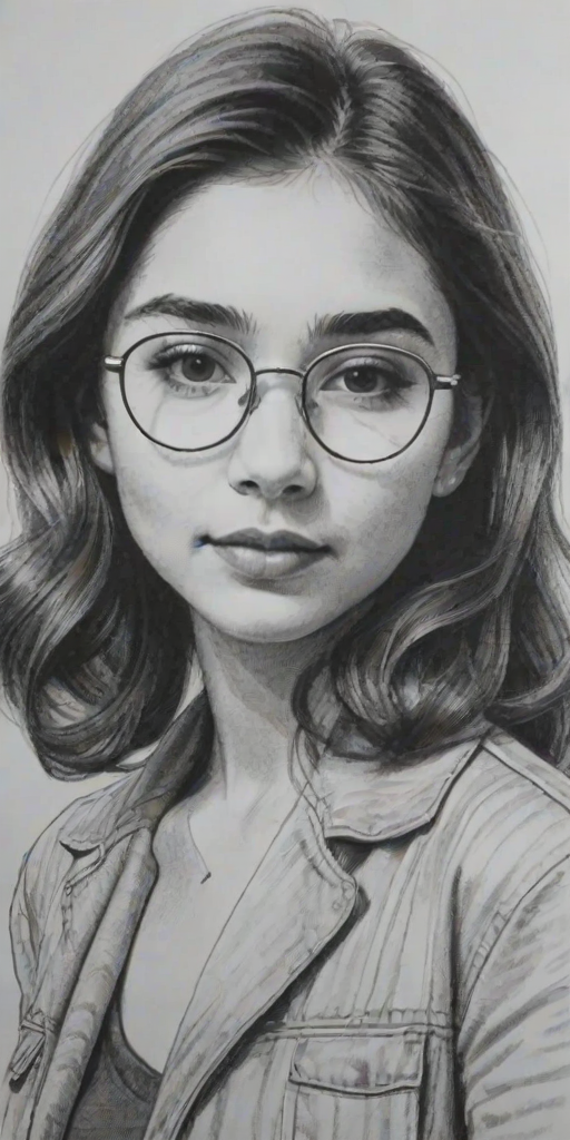 Splendid Rowan Blanchard, pencil sketch, portrait of Ravishing woman 1971s in glasses, hair style beatnik, outline, clear lines, fine lines, 8k