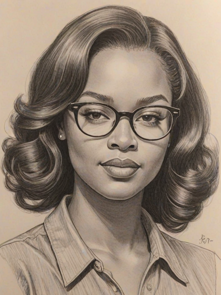 Graceful Breonna Taylor, pencil sketch, portrait of Beauteous woman 1960s in glasses, hair style beatnik, outline, clear lines, fine lines, 8k