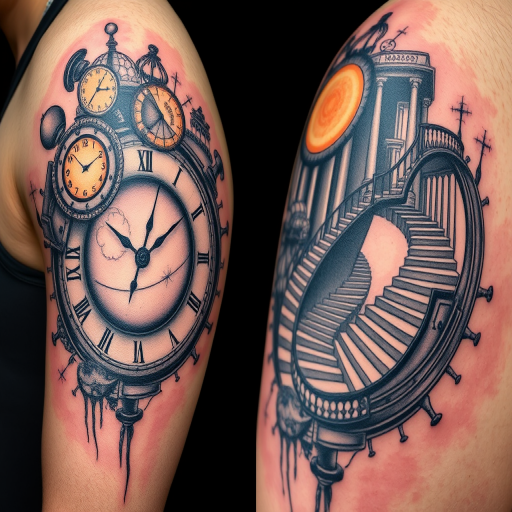 Surrealist tattoo called "Dreamscape Fusion" blending elements of Salvador Dali's melting clocks with M.C. Escher's impossible staircases, creating a mind-bending and thought-provoking design that challenges the viewer's perception of reality, perfect for art enthusiasts and those who enjoy pushing the boundaries of conventional tattoo aesthetics.