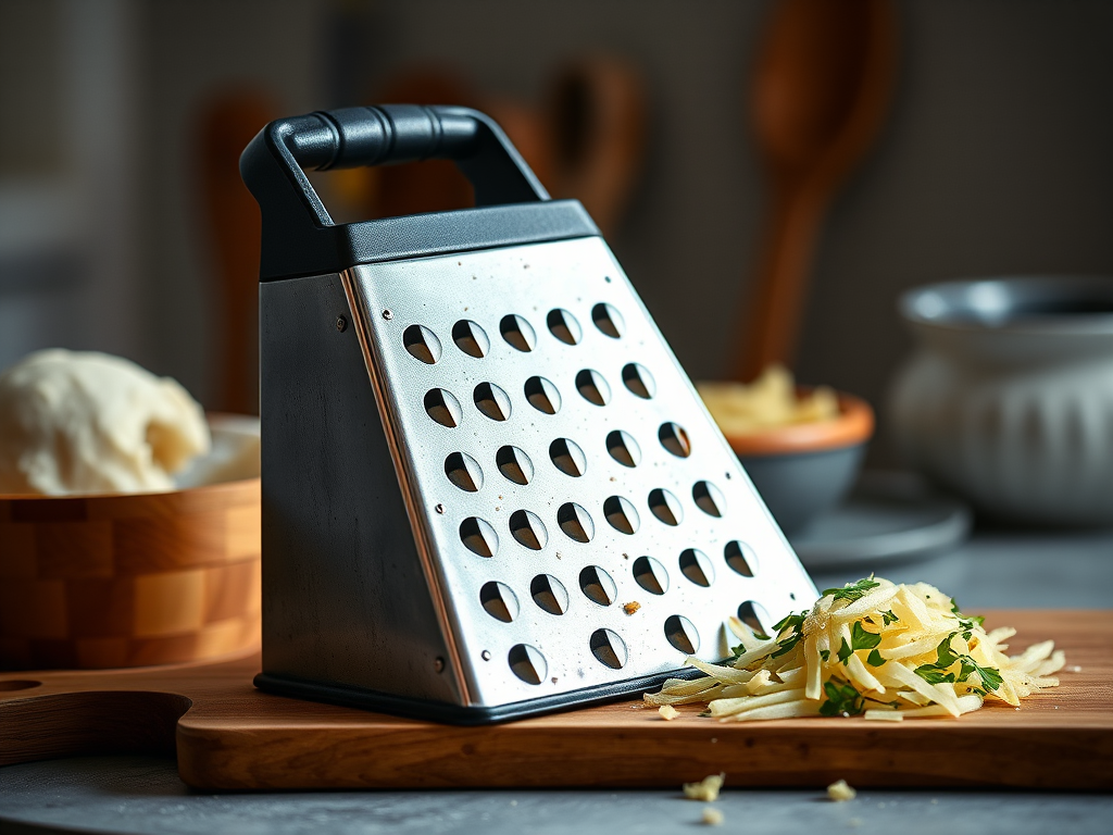 Create a high-resolution image of a kitchen grater with a clean design, captured using a DSLR camera at ISO 100, f/8 aperture, 50mm focal length, in a soft natural light setting, with a focus on texture and details.