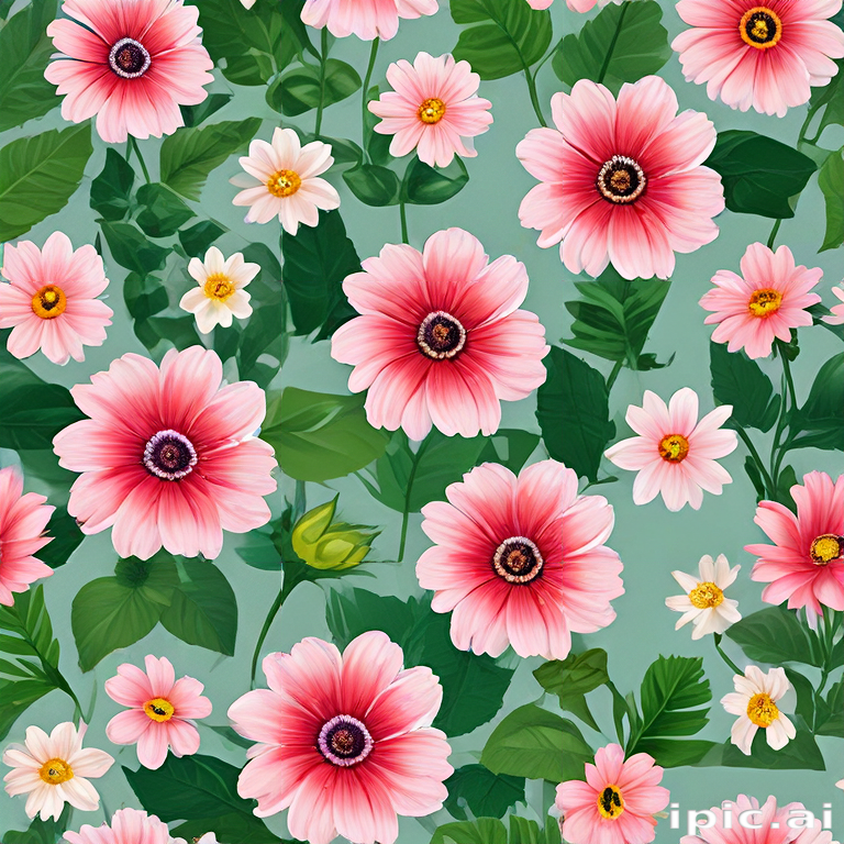 Vibrant Floral Pattern Featuring Pink and White Flowers on Green Background