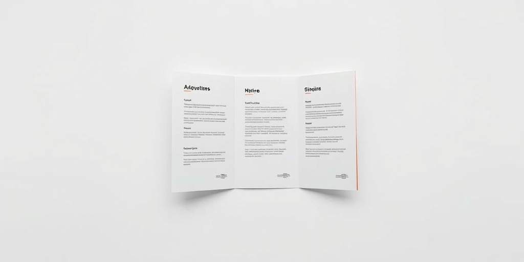 Create a high-resolution image of a three-panel brochure, front view, with a clean white background, using a DSLR camera with a 50mm lens, aperture set to f/2.8, ISO 100, and a shallow depth of field to enhance the brochure's details.