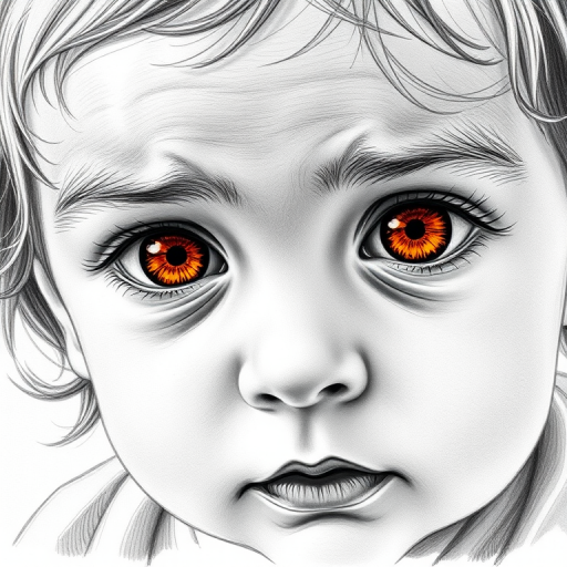A hyperdetailed photorealistic black and white sketch of a beautiful toddler with deep orange eyes, with a macro focus
