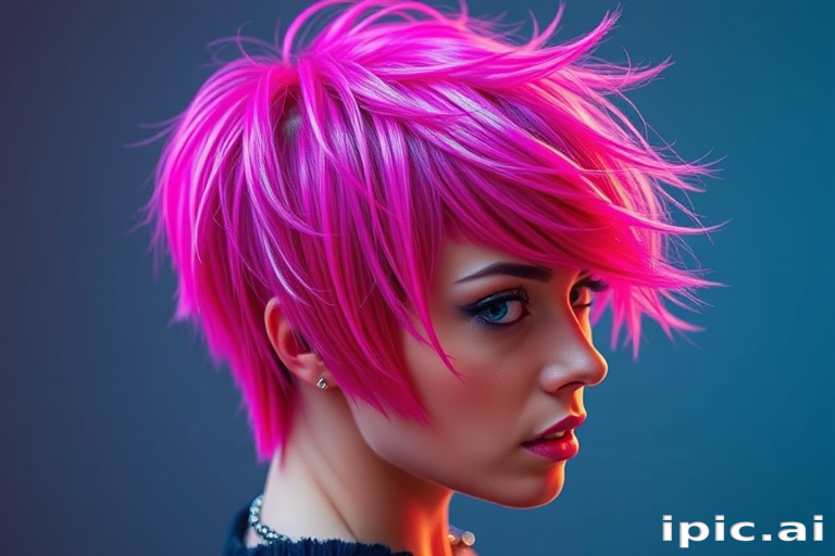 Vibrant magenta pixie cut named Neon Blaze featuring shimmering holographic highlights and edgy asymmetrical layers creating a futuristic and rebellious look perfect for avant-garde fashion enthusiasts