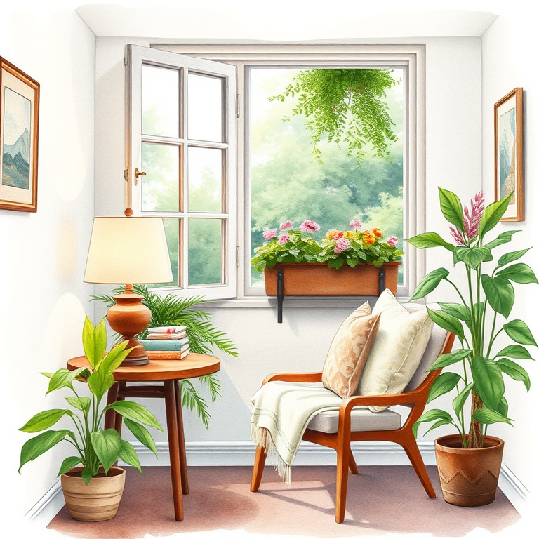 Create a serene watercolor illustration of a cozy corner with a chair and soft cushions, a lamp on a wooden side table with books, surrounded by lush green plants and a flowering window box; use natural light, f-stop 5.6 for depth of field, ISO 200 for clarity, and a 35mm lens for a wide-angle view.